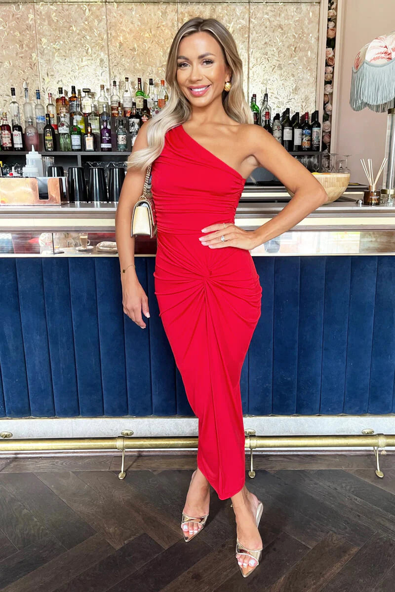 Cobalt One Shoulder Knot Skirt Midi Dress
