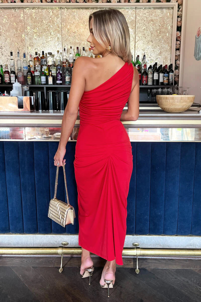 Cobalt One Shoulder Knot Skirt Midi Dress