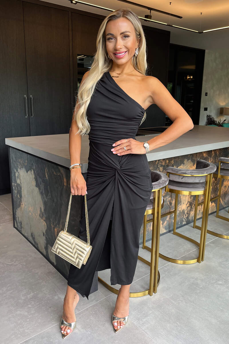 Cobalt One Shoulder Knot Skirt Midi Dress