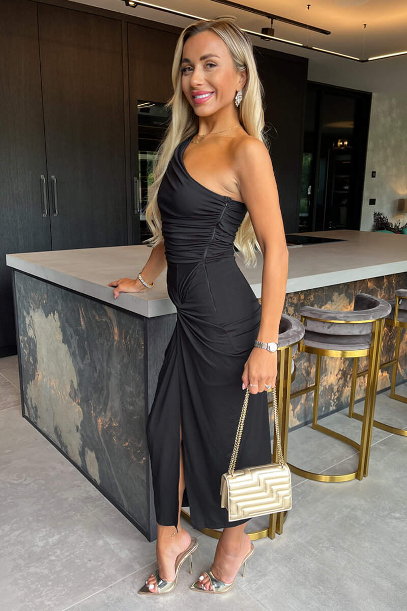 Cobalt One Shoulder Knot Skirt Midi Dress