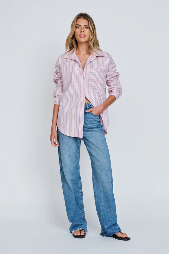 Morgan Stripe Wrap Button-Down Shirt - Blue Multi