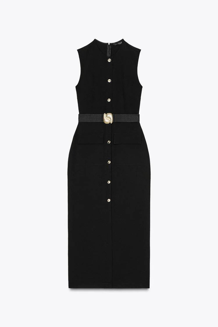 BELTED CREPE MIDI DRESS