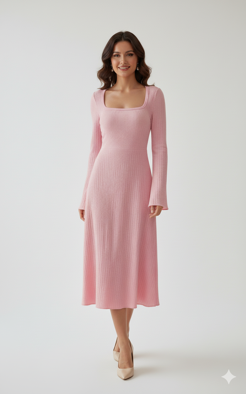 Square Neck Bell Sleeve Midi Dress