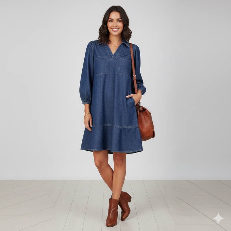 V-Neck Puff Sleeve Denim Dress